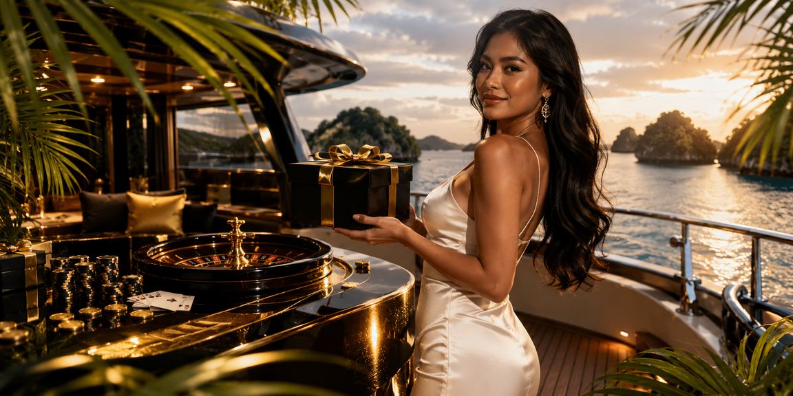 Model Vietnam berpose elegan dengan nuansa kasino premium dan pencahayaan hangat