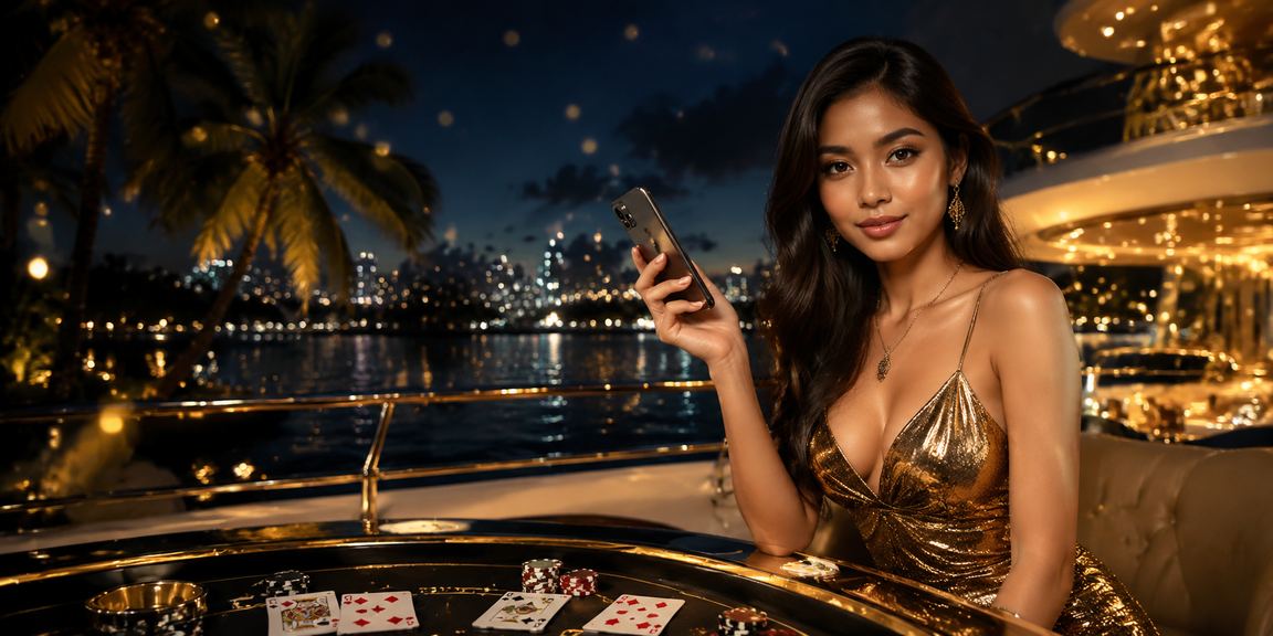Model bermain permainan kartu kasino dengan ekspresi fokus di meja hijau
